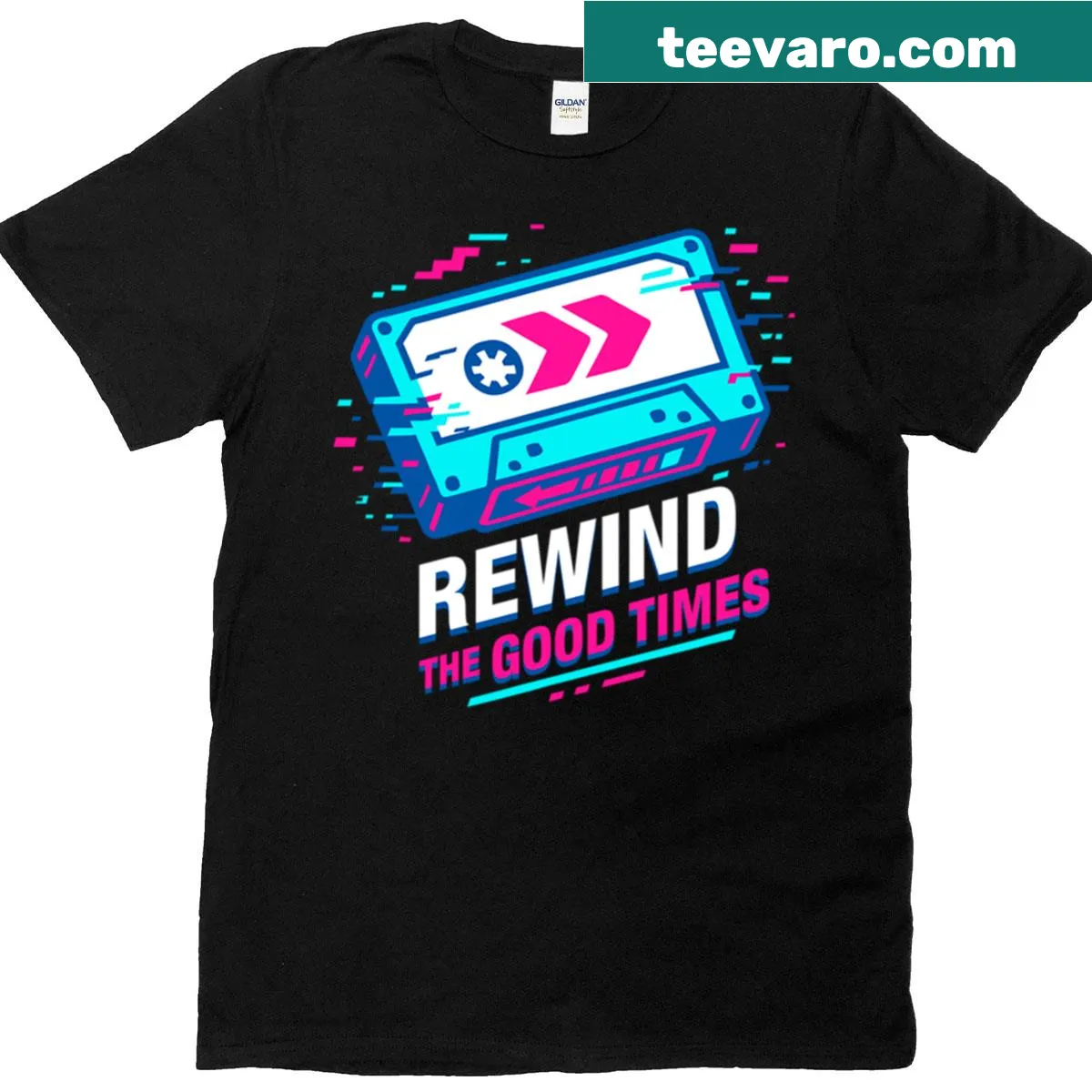 Neon retro T-shirt with VHS glitch art design — on a men's t-shirt