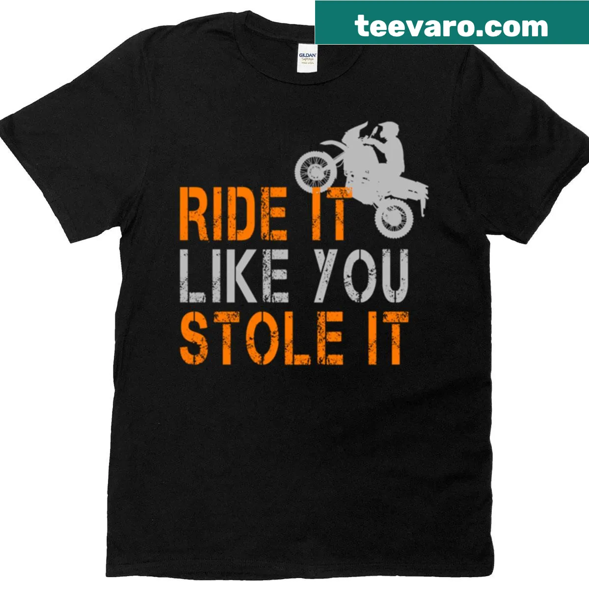 Bold typography T-shirt with 'Ride It Like You Stole It' text — on a men's t-shirt