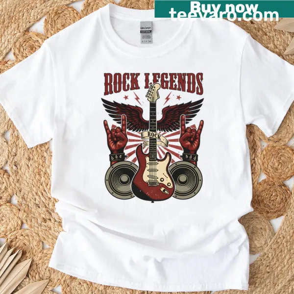 Illustrative graphic of an electric guitar with wings symbolizing rock legends.