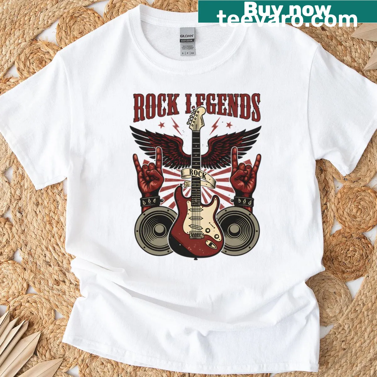 Illustrative graphic of an electric guitar with wings symbolizing rock legends. — on a men's t-shirt