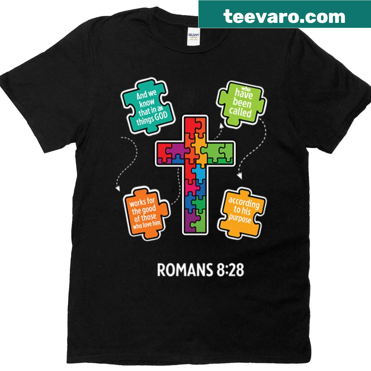 Inspirational T-shirt featuring Romans 8:28 text — on a men's t-shirt
