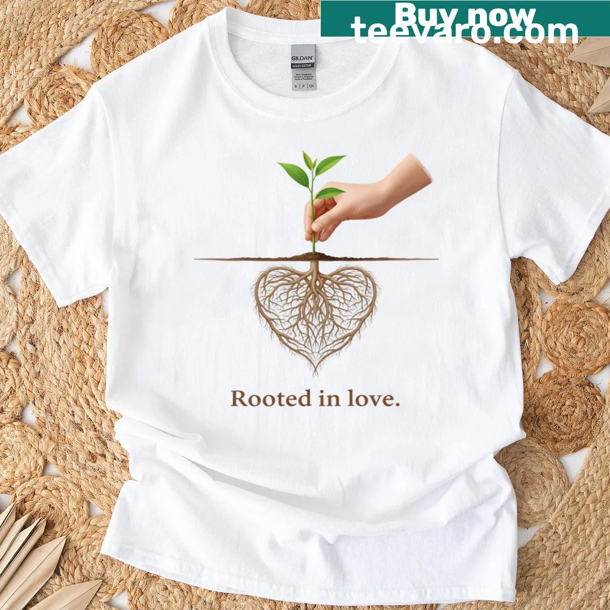Illustrated t-shirt of a heart-root tree symbolizing love — on a men's t-shirt