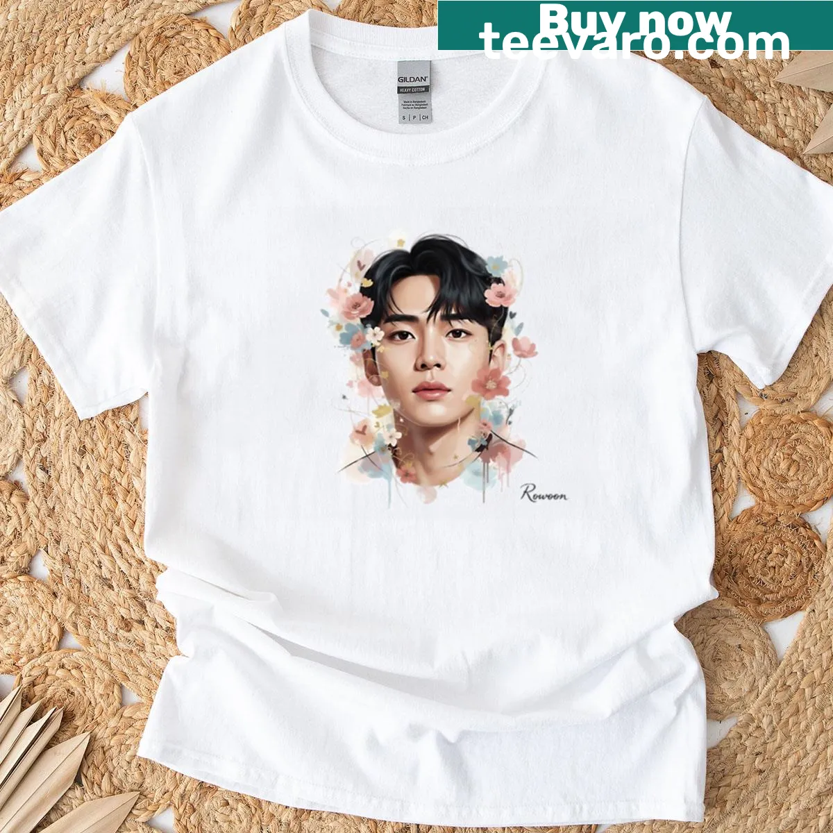 T-shirt featuring lovely Rowoon flower fan art design — on a men's t-shirt