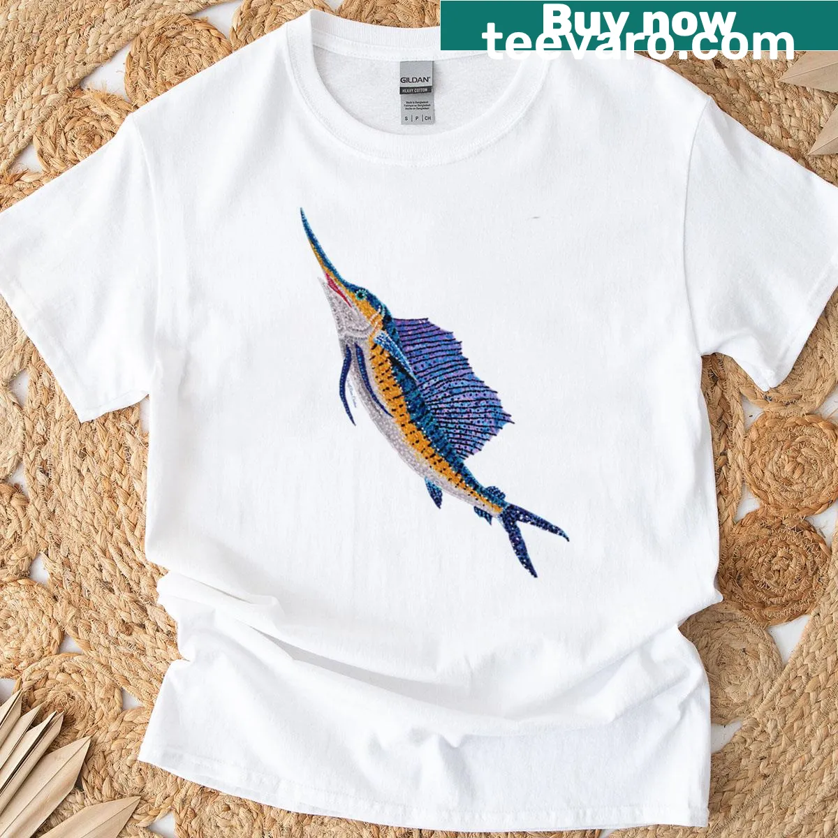 Painting of a sailfish chasing flying fish on a t-shirt — on a men's t-shirt