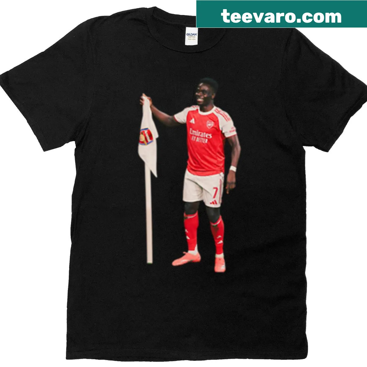 Arsenal t-shirt featuring the name 'Saka' — on a men's t-shirt