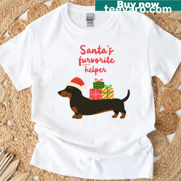 Dachshund illustration on a T-shirt celebrating Christmas