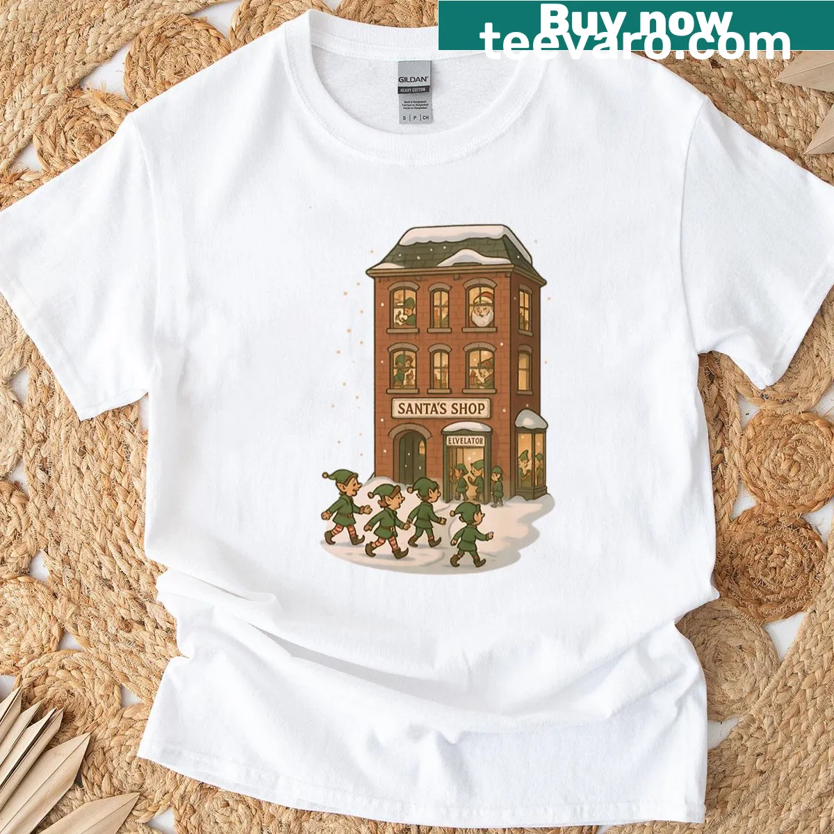 Whimsical illustration of elves working in Santa's shop on a t-shirt — on a men's t-shirt