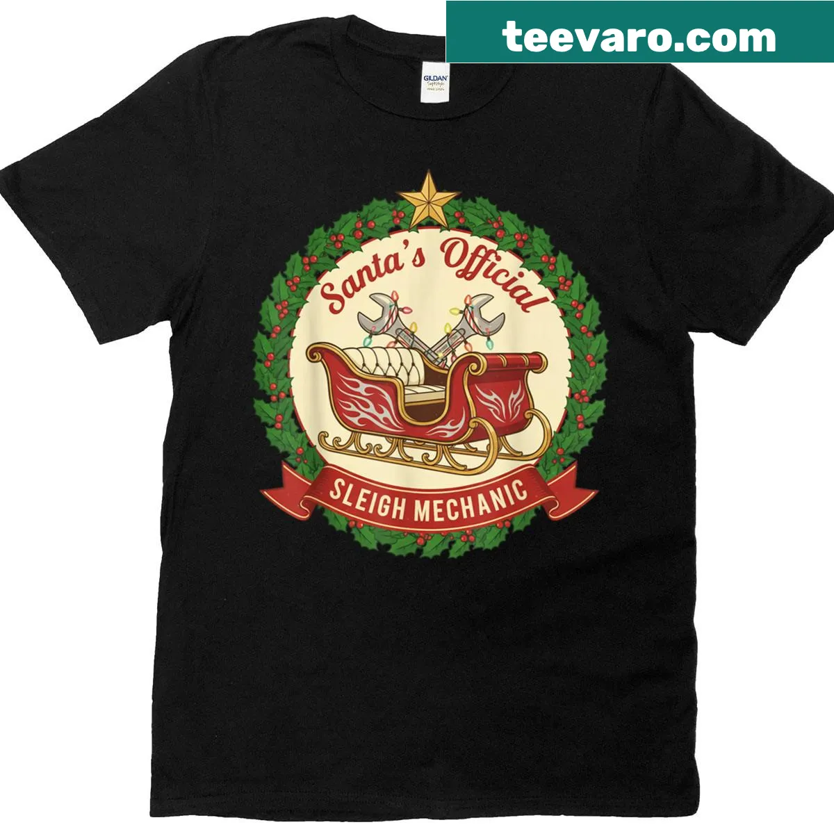 Funny mechanic Santa's sleigh graphic T-shirt — on a men's t-shirt