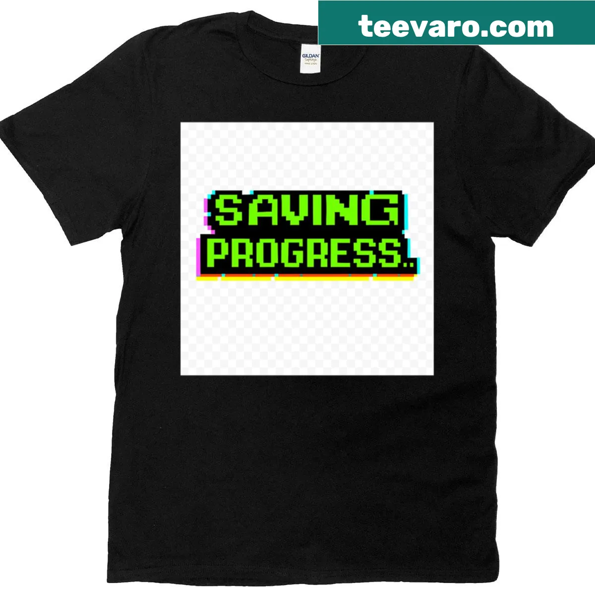 Retro pixel art gaming t-shirt with 'Saving Progress' text — on a men's t-shirt