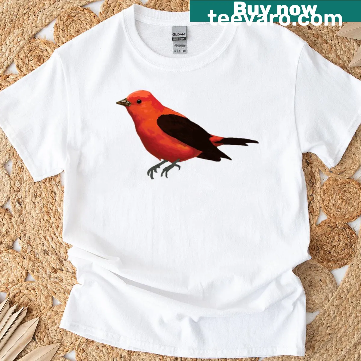 Realistic t-shirt featuring a Scarlet Tanager bird illustration. — on a men's t-shirt