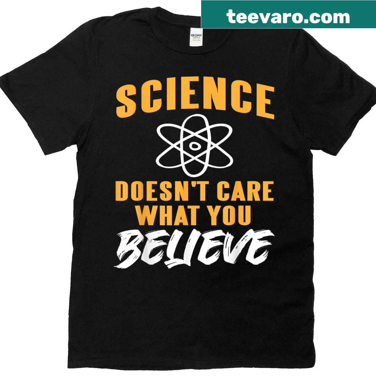 Graphic tee featuring an atom and the phrase 'Science Doesn't Care What You Believe' — on a men's t-shirt