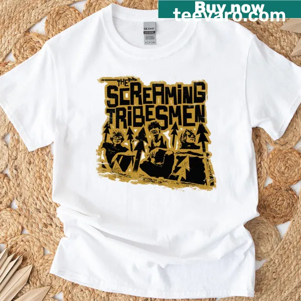 Playful t-shirt with graphic of screaming tribesmen in humorous style