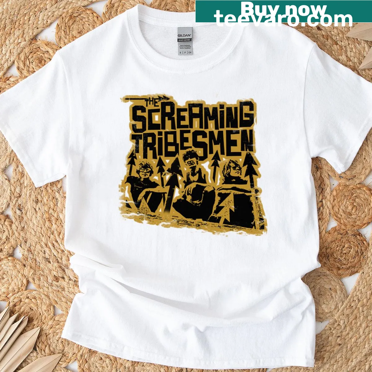 Playful t-shirt with graphic of screaming tribesmen in humorous style — on a men's t-shirt