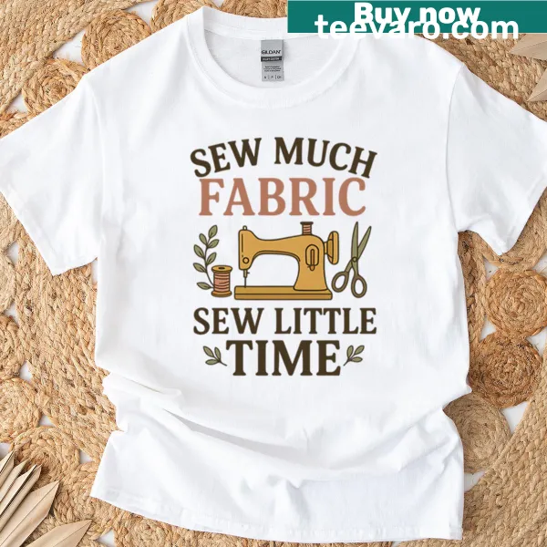 Vintage-style t-shirt with sewing-themed graphic and text