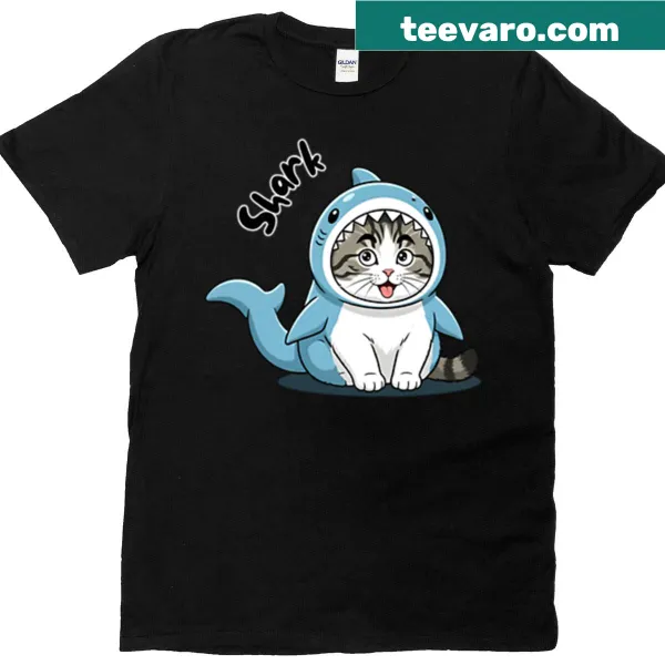 Whimsical T-shirt featuring a cat in a shark costume.