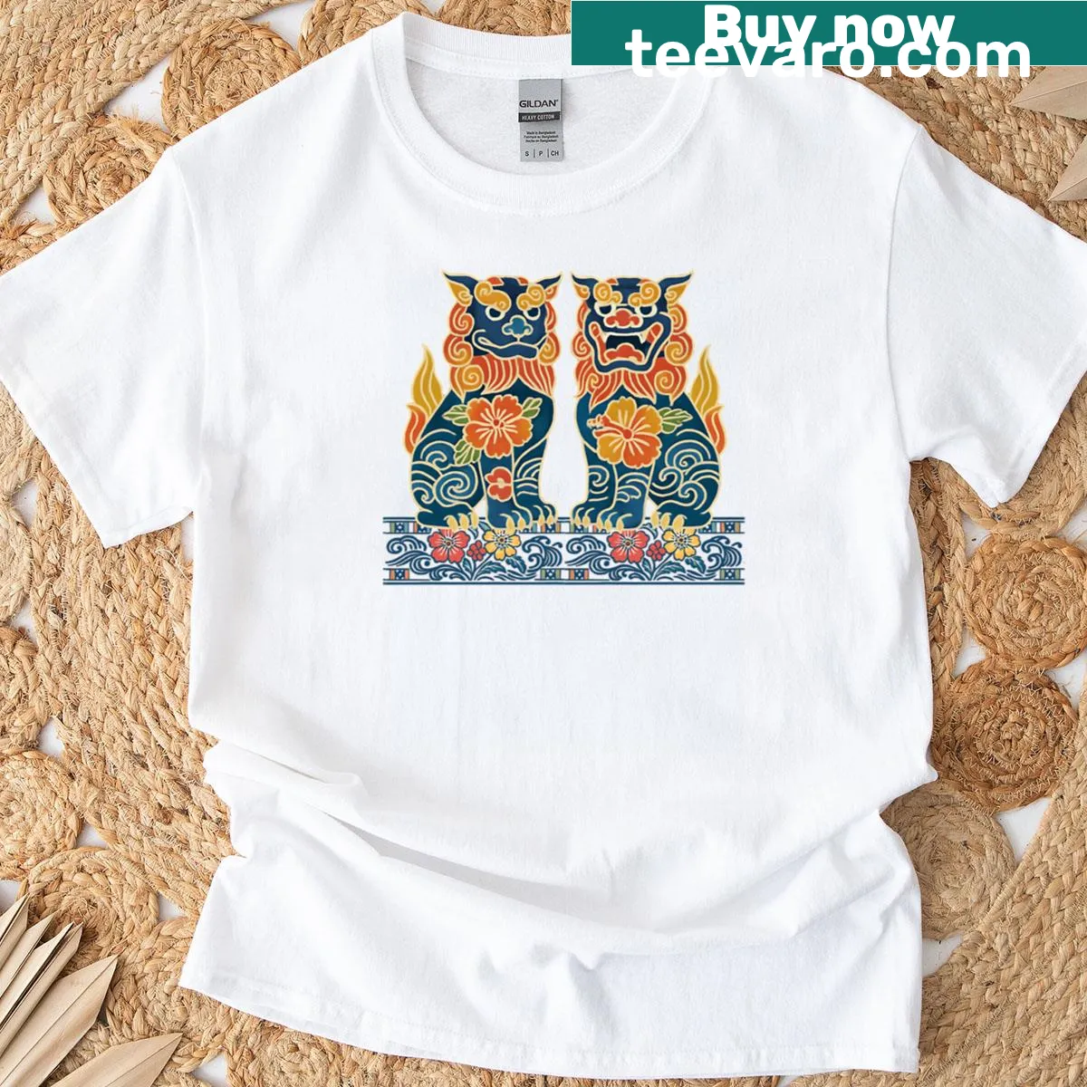 Illustrated T-shirt featuring Shisa guardians from Okinawa — on a men's t-shirt