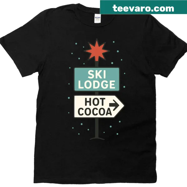 Retro signpost graphic T-shirt featuring hot cocoa and ski lodge theme