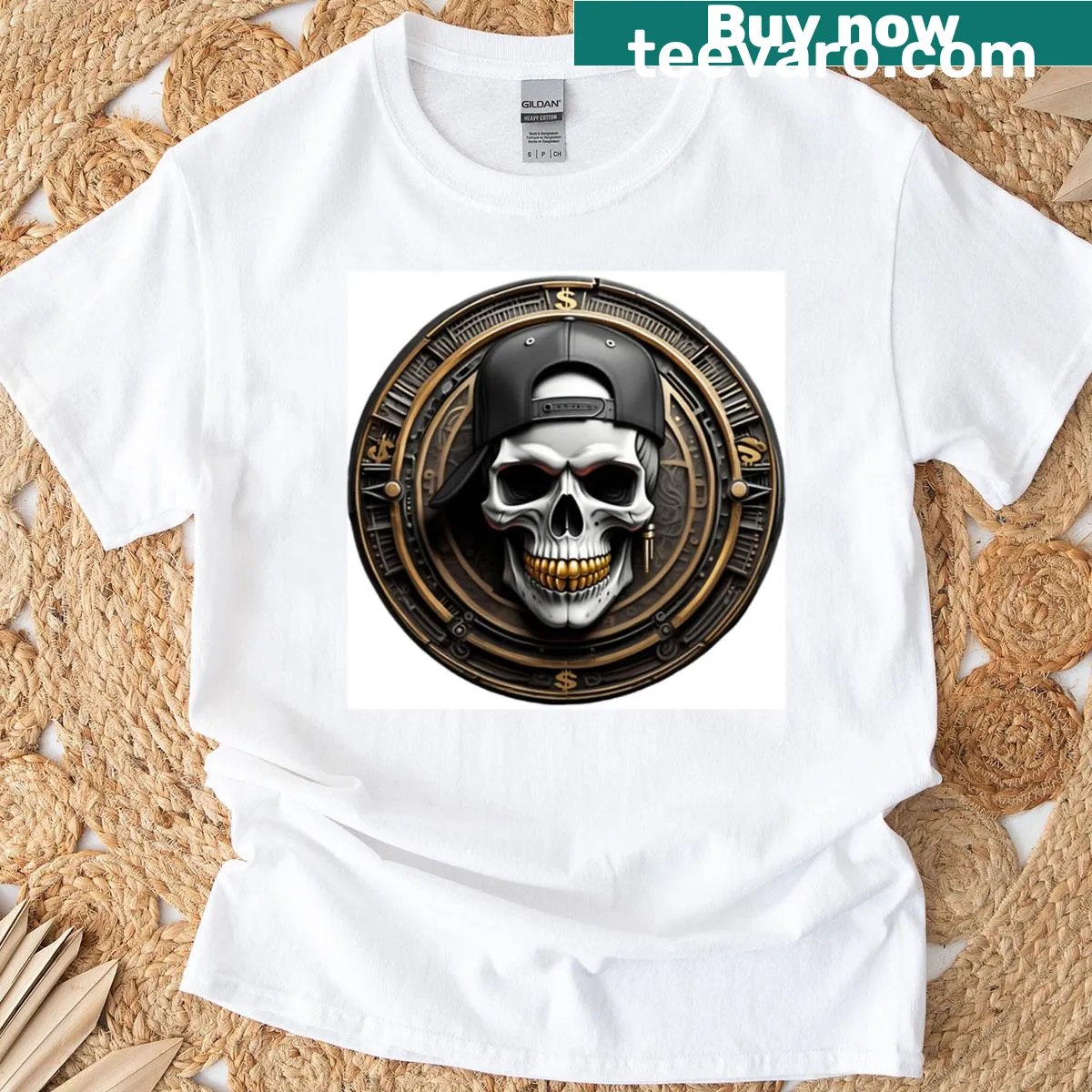 Hip hop themed t-shirt featuring an edgy skull illustration — on a men's t-shirt