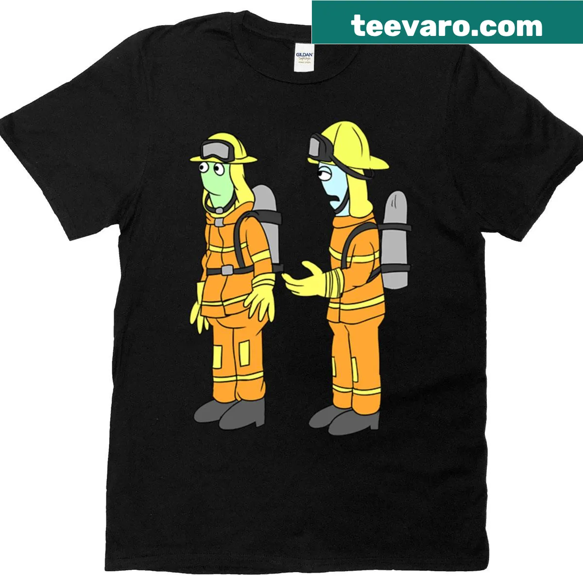 Illustrated smiling friends in firefighter uniforms on a T-shirt — on a men's t-shirt