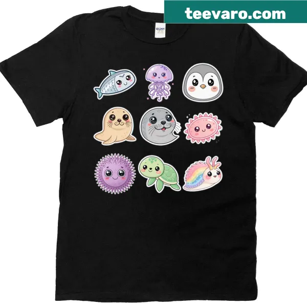 Cute t-shirt with smiling sea animals in sticker design