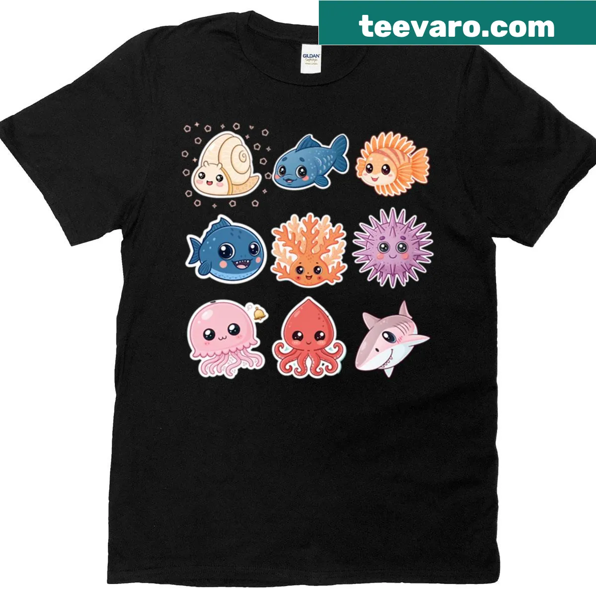 Cute t-shirt with smiling sea creatures and coral design — on a men's t-shirt