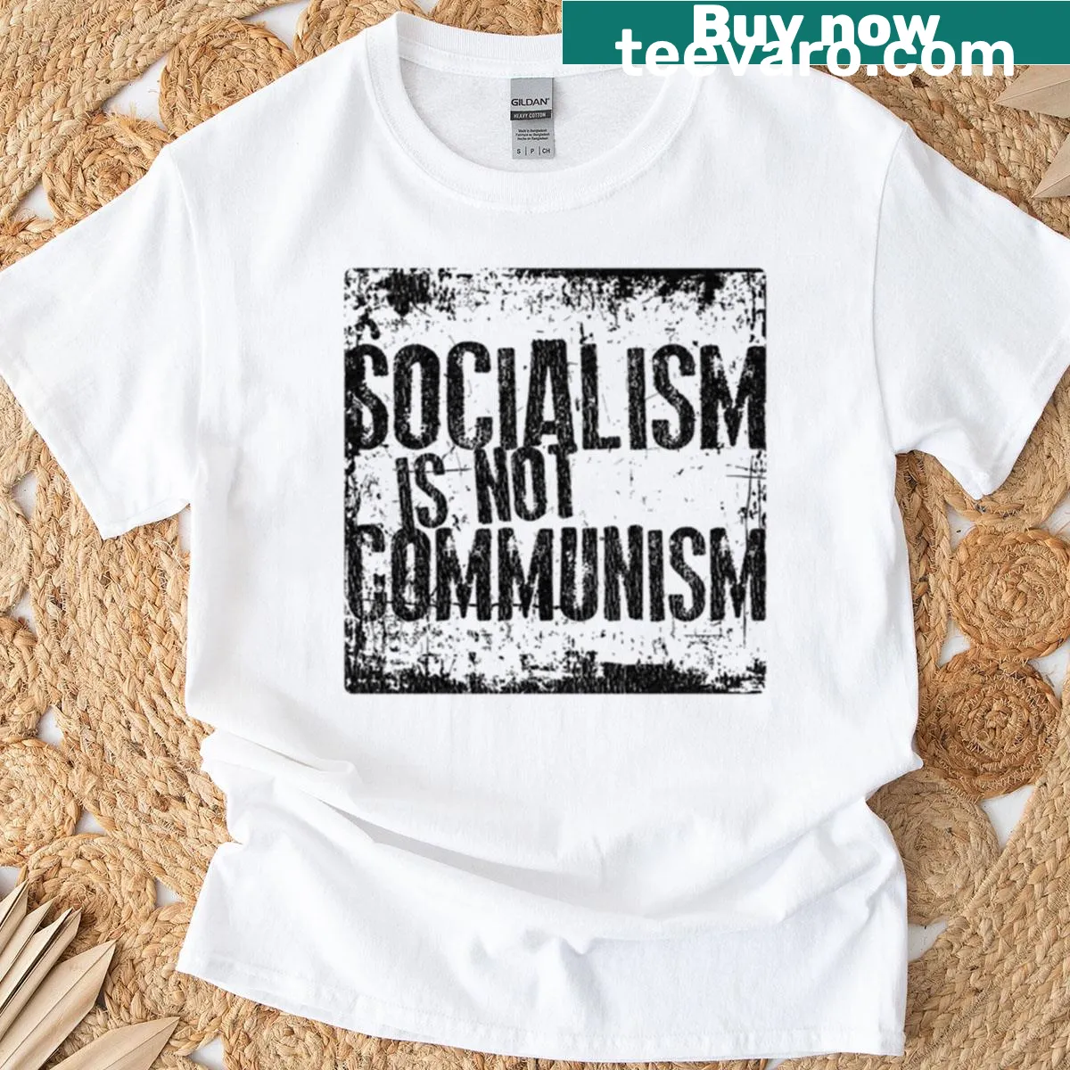 Distressed T-shirt with text about socialism and communism — on a men's t-shirt