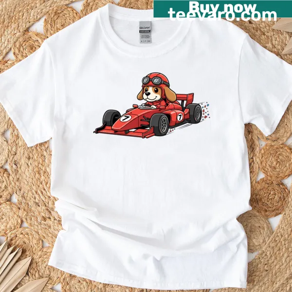 Cute dog driving a formula car in a cartoon style