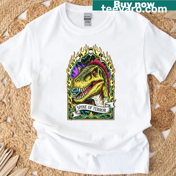 Vintage Spinosaurus graphic on oversized T-shirt with a scary theme