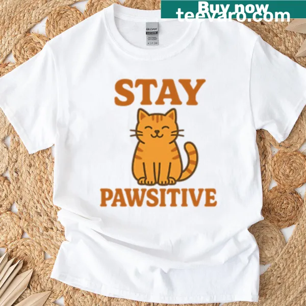 Cute retro cat t-shirt with 'Stay Pawsitive' text and graphics