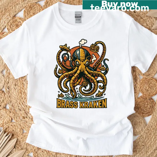Steampunk t-shirt with an octopus and brass tentacles design