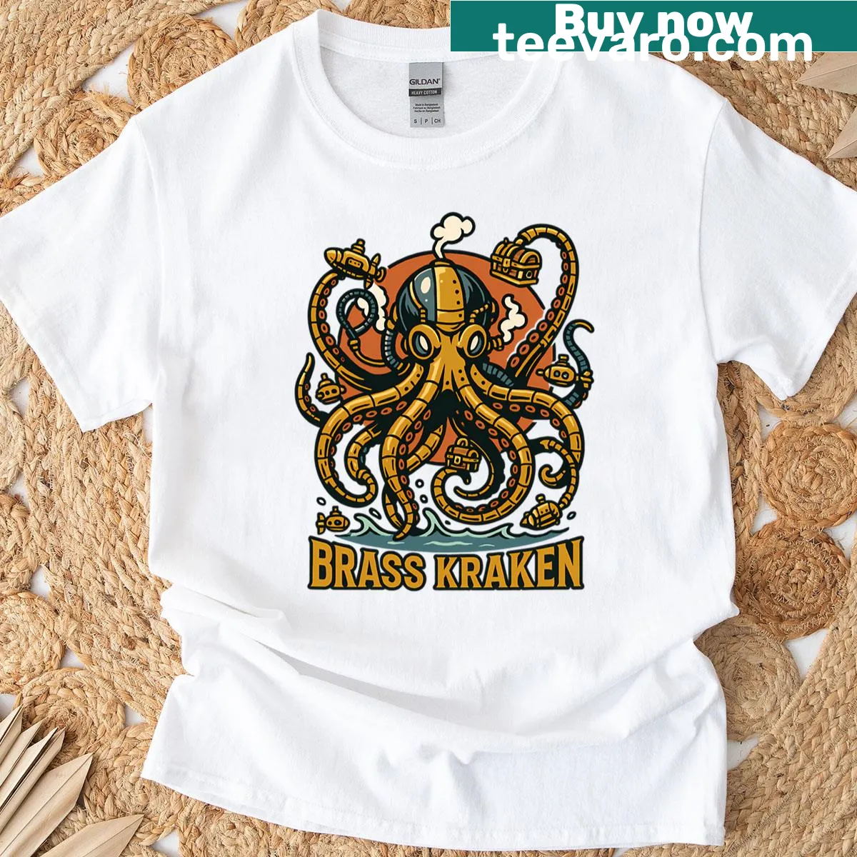 Steampunk t-shirt with an octopus and brass tentacles design — on a men's t-shirt
