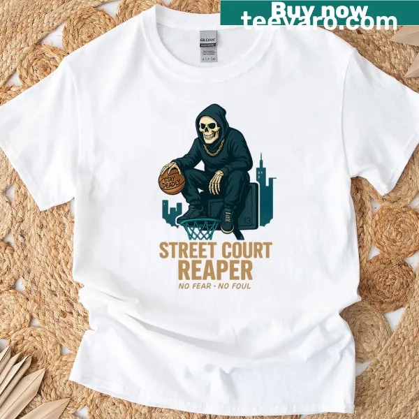 Urban basketball skeleton reaper graphic t-shirt