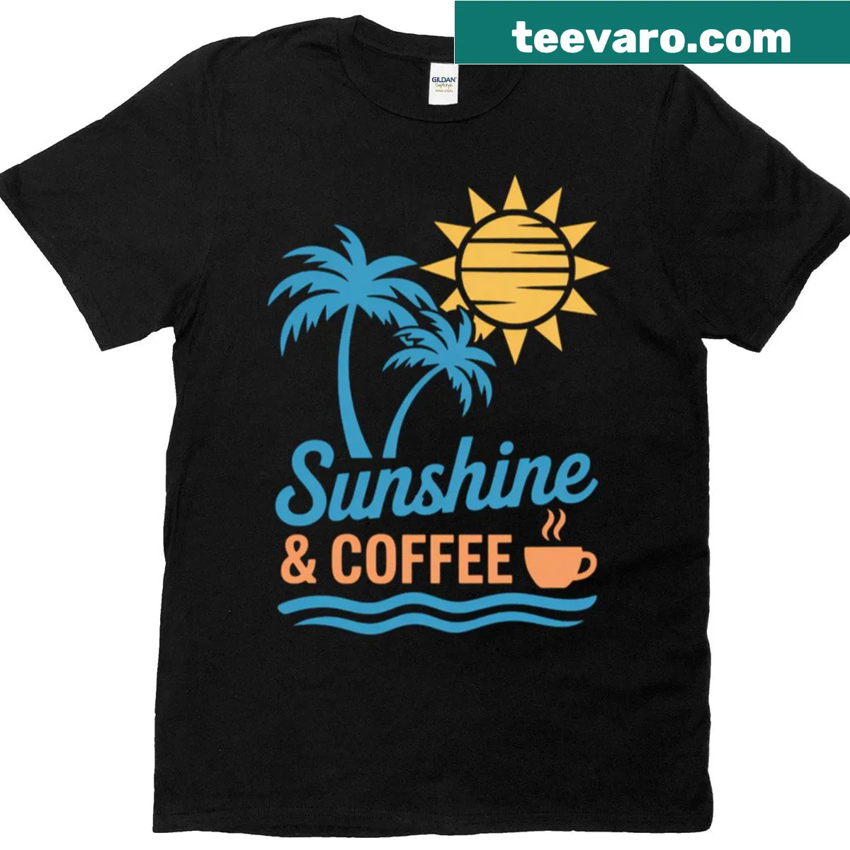 Summer vacation t-shirt with sunshine and coffee graphics — on a men's t-shirt
