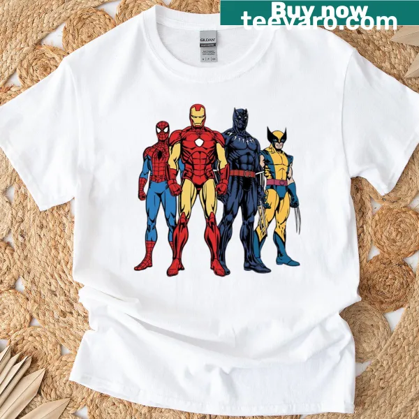 Illustrative T-shirt featuring superhero designs