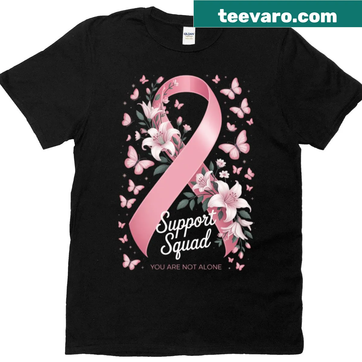 Pink ribbon butterfly t-shirt for breast cancer awareness — on a men's t-shirt