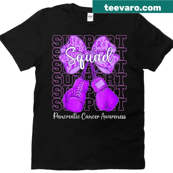 Support Squad pancreatic awareness T-shirt with purple design and empowering text.