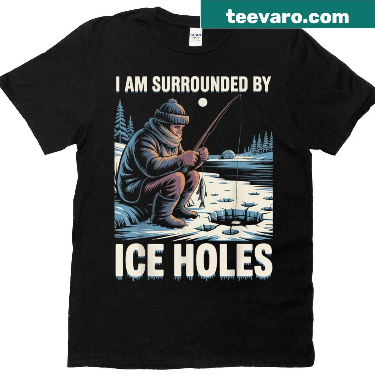 Illustrated T-shirt for anglers featuring fishing holes — on a men's t-shirt