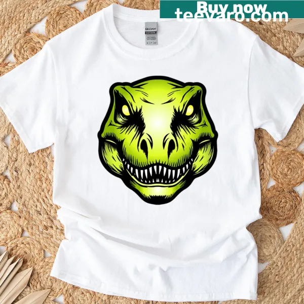 Illustration of a fierce T-rex head on a T-shirt