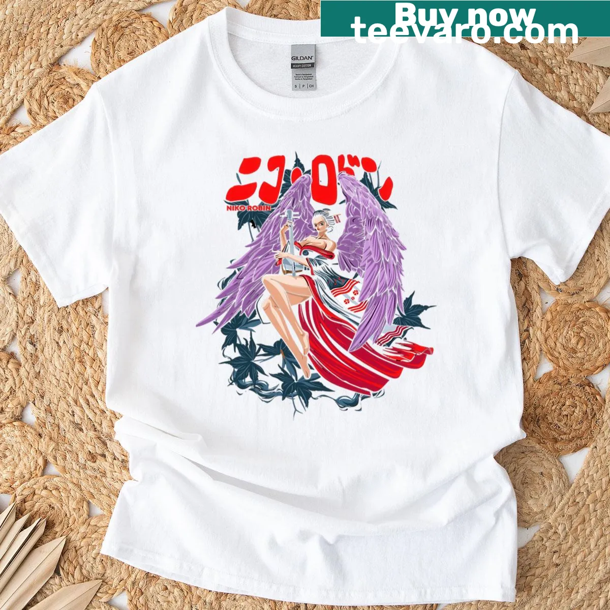 Illustrated graphic celebrating an archaeologist of the Straw Hat Crew on a T-shirt — on a men's t-shirt