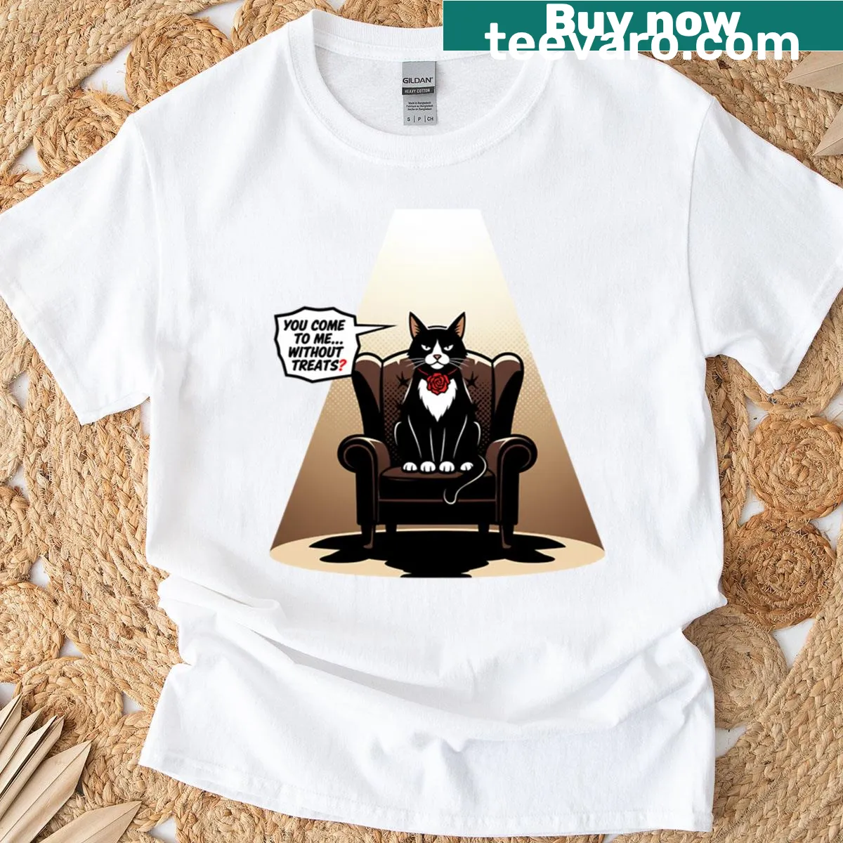 Funny cat-themed t-shirt with a cartoon cat and treat-related quote — on a men's t-shirt