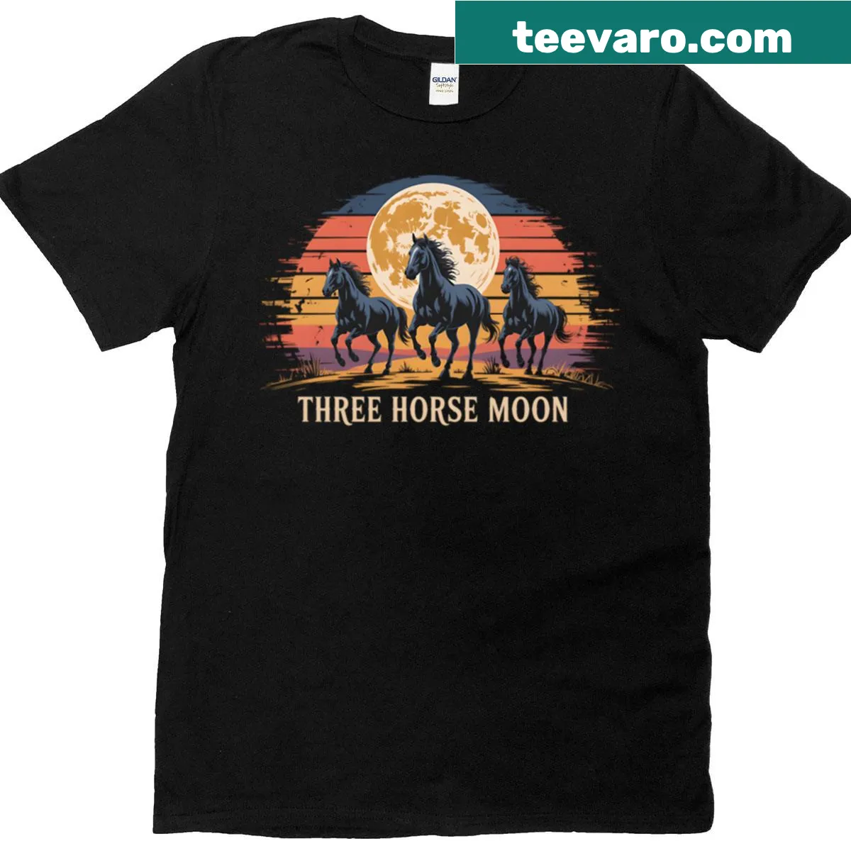 Oversized tee featuring three galloping horses silhouetted against a moon — on a men's t-shirt