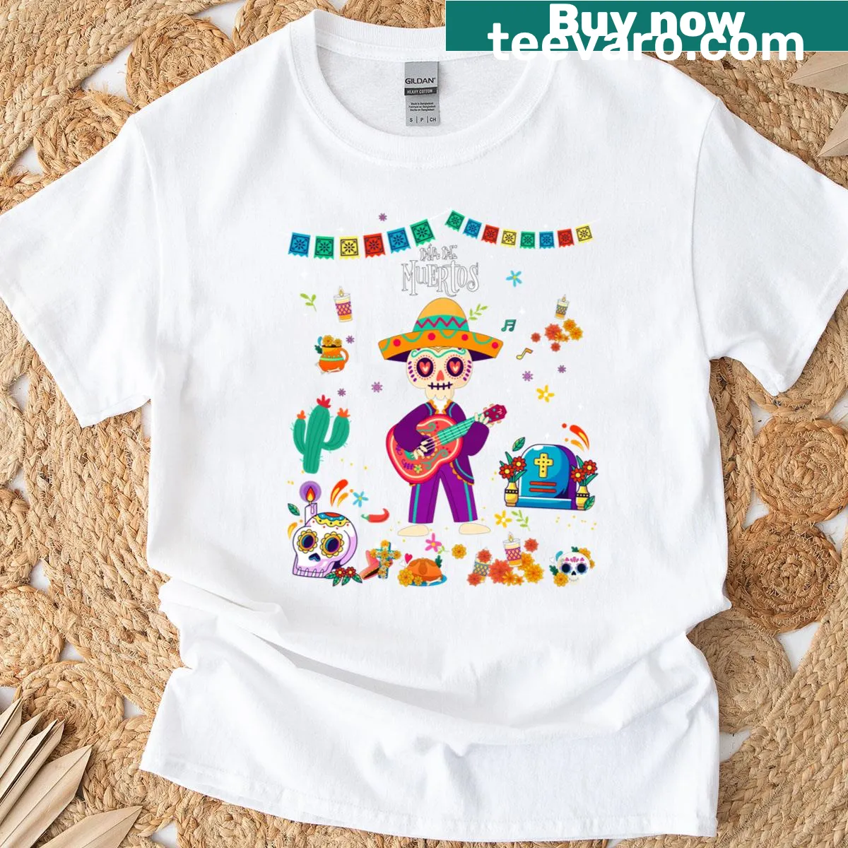 Adorable sugar skull graphic for toddlers celebrating Dia De Los Muertos — on a men's t-shirt