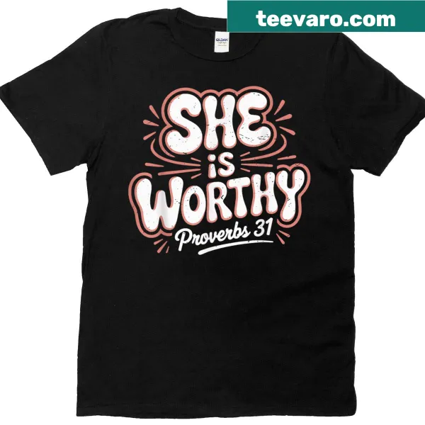Hand-lettered T-shirt with 'She Is Worthy' text for girls