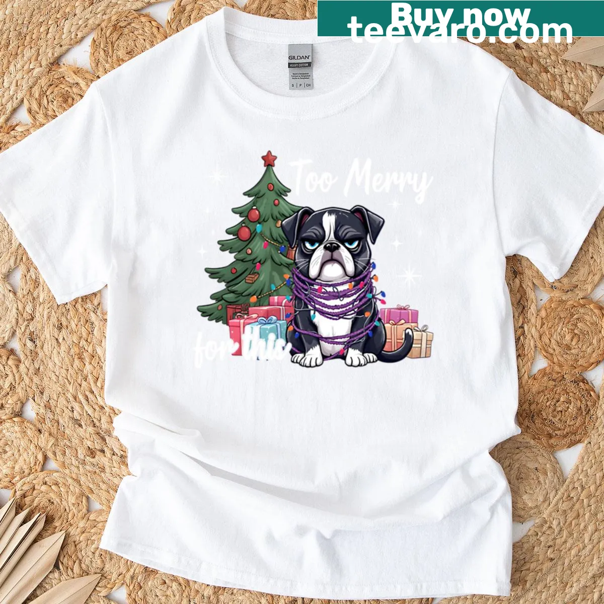 Funny Christmas dog wrapped in lights graphic tee — on a men's t-shirt