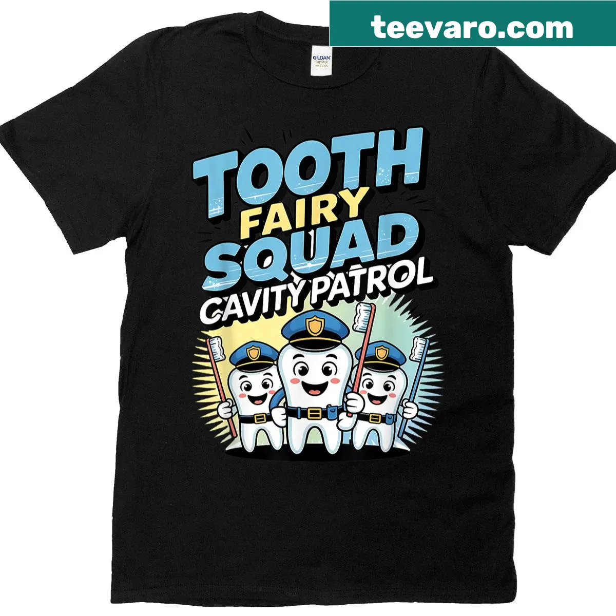 Funny Tooth Fairy Squad t-shirt with Cavity Patrol theme — on a men's t-shirt