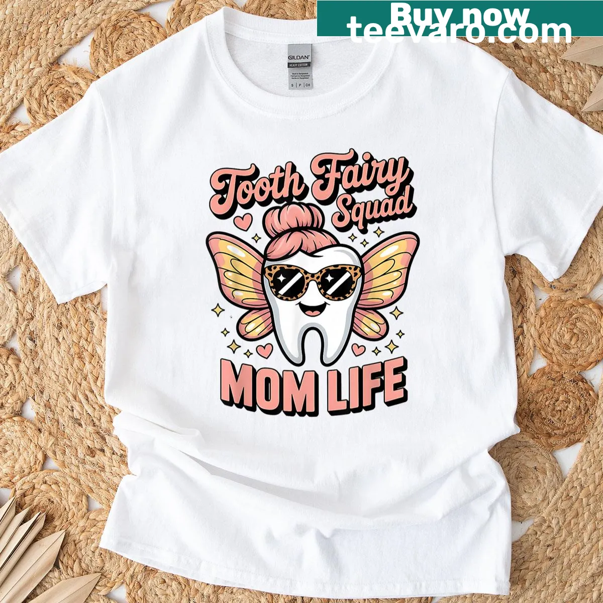 Cartoon Tooth Fairy design with humorous text for moms — on a men's t-shirt