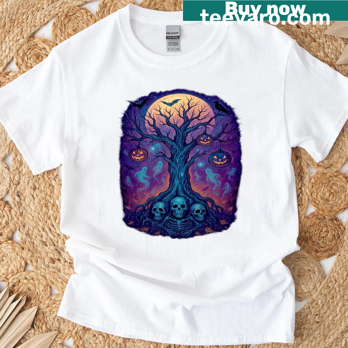 Haunting t-shirt featuring a mystical tree for Halloween fantasy art — on a men's t-shirt