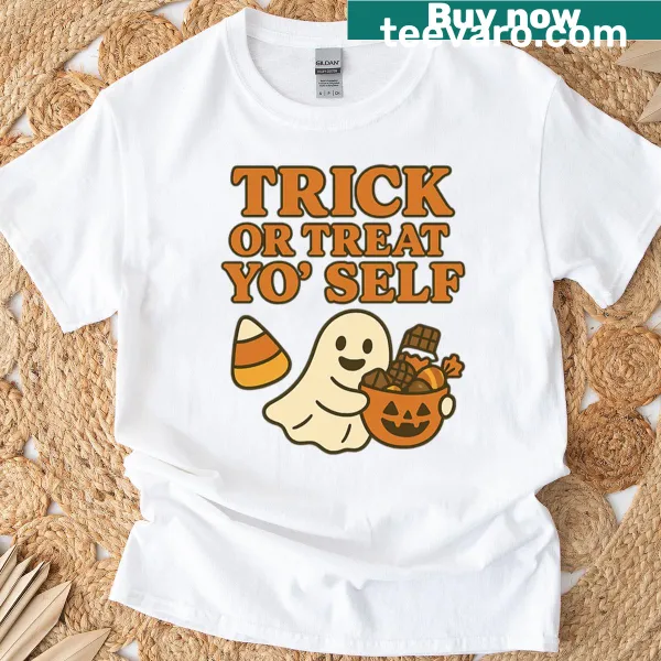 Cute ghost graphic with 'Trick Or Treat Yo Self' text for Halloween