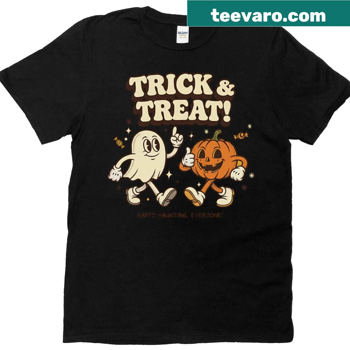 Retro Halloween T-shirt featuring a happy ghost and pumpkin graphic. — on a men's t-shirt