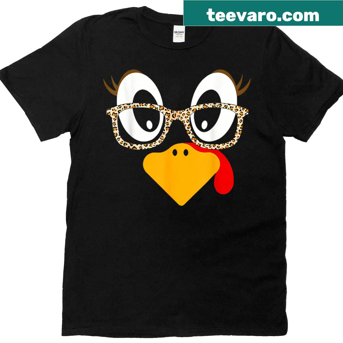 Cartoon turkey in leopard sunglasses for Thanksgiving t-shirt — on a men's t-shirt
